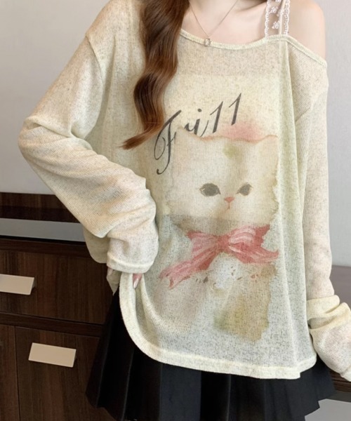 新品　伊太利屋　猫アップリケ　刺繍　ニット　セーター　長袖Tシャツ ウール 新品 伊太利屋 猫アップリケ 刺繍 ニット セーター 長袖Tシャツ
