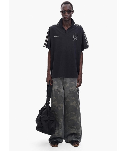 MASONPRINCE（メイソンプリンス）の「オーバーサイズ 袖ライン柄 ポロシャツ PL3042【MASONPRINCE】（ポロシャツ・メンズ・ブラック・L/M/S/XL）」の3枚目の写真