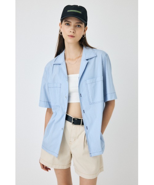 MOUSSY(マウジー)の「OPEN COLLAR シャツ(シャツ/ブラウス・レディース・ブルー系その他/ホワイト系その他・FREE)」の3枚目の写真
