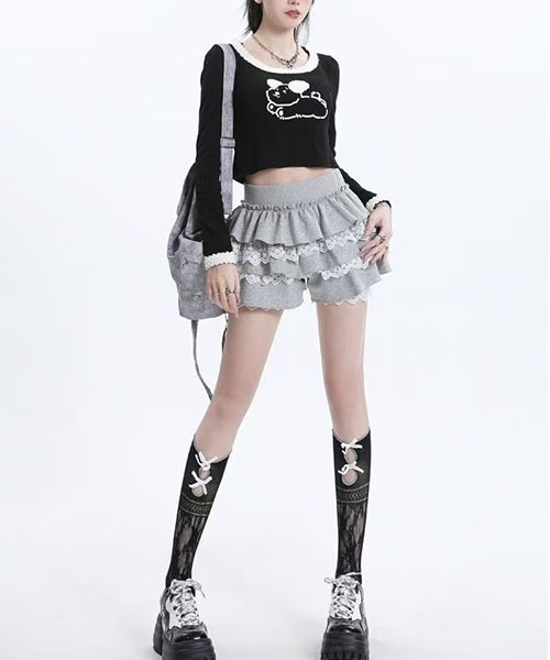 gossip!ロサンゼルス(ゴシップロサンゼルス)の「レース レイヤード パンツスカート ペチコート インナーパンツ付き ガーリー 韓国風 2 色(スカート・レディース・グレー/ブラック・M/S)」の10枚目の写真