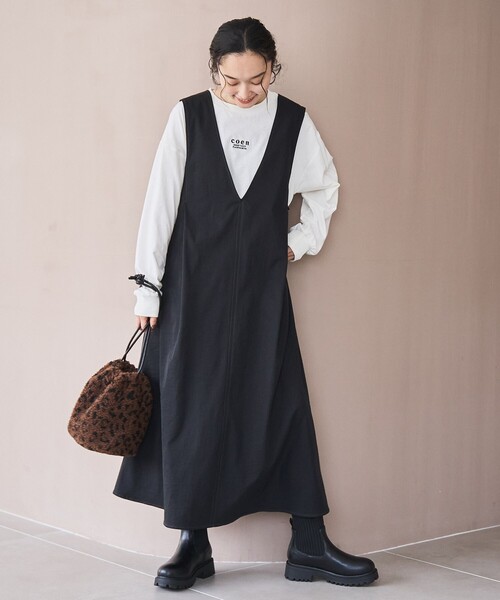 coen(コーエン)の「ポリツイル ジャンスカ(ジャンパースカート・レディース・ブラック/ベージュ/ダークグレー・L/M)」の2枚目の写真