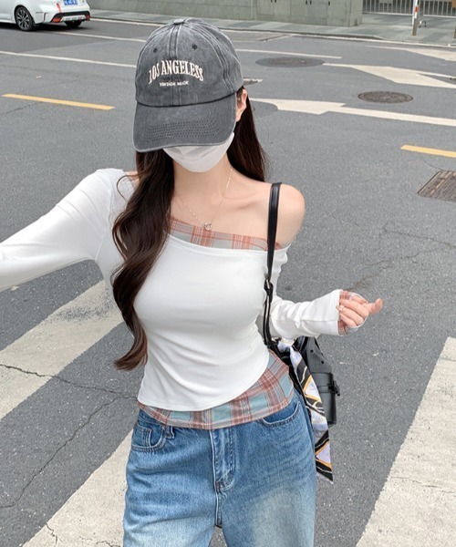 lilful(リルフル)の「ワンショルチェックフェイクレイヤード無地ロンT(Tシャツ/カットソー・レディース・グレー/ホワイト・S/M)」の9枚目の写真
