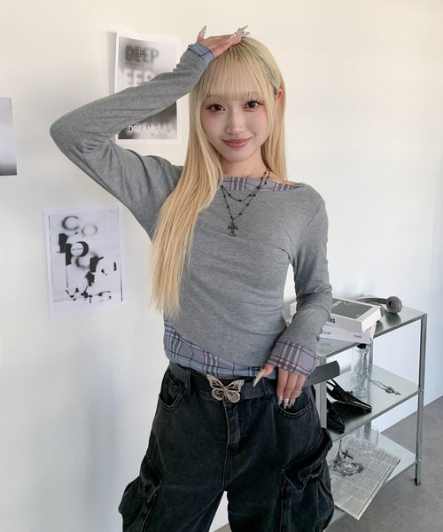 lilful(リルフル)の「ワンショルチェックフェイクレイヤード無地ロンT(Tシャツ/カットソー・レディース・グレー/ホワイト・S/M)」の18枚目の写真