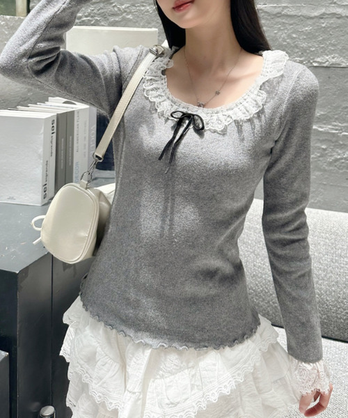 Ada.(エイダ)の「レースフリル付き リボン メロー コンパクト ニット(ニット/セーター・レディース・ライトブルー/ブラック/グレー・FREE)」の4枚目の写真