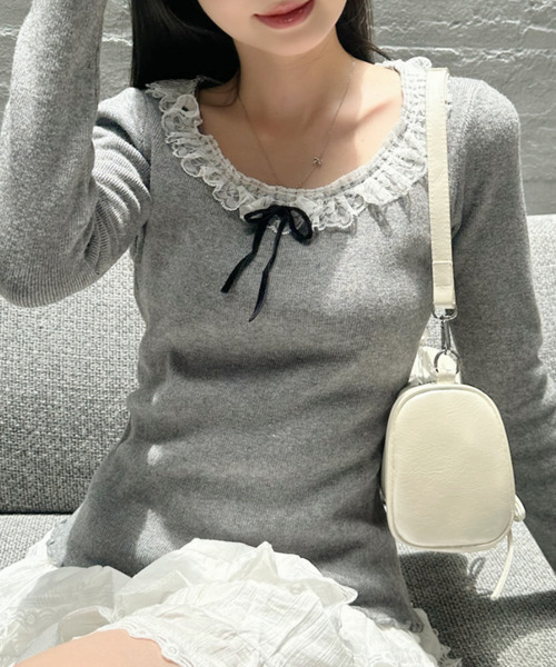 Ada.(エイダ)の「レースフリル付き リボン メロー コンパクト ニット(ニット/セーター・レディース・ライトブルー/ブラック/グレー・FREE)」の5枚目の写真