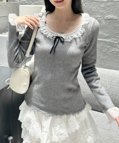 Ada.(エイダ)の「レースフリル付き リボン メロー コンパクト ニット(ニット/セーター・レディース・ライトブルー/ブラック/グレー・FREE)」の15枚目の写真