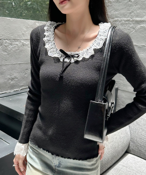 Ada.(エイダ)の「レースフリル付き リボン メロー コンパクト ニット(ニット/セーター・レディース・ライトブルー/ブラック/グレー・FREE)」の8枚目の写真