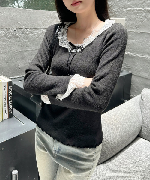 Ada.(エイダ)の「レースフリル付き リボン メロー コンパクト ニット(ニット/セーター・レディース・ライトブルー/ブラック/グレー・FREE)」の10枚目の写真