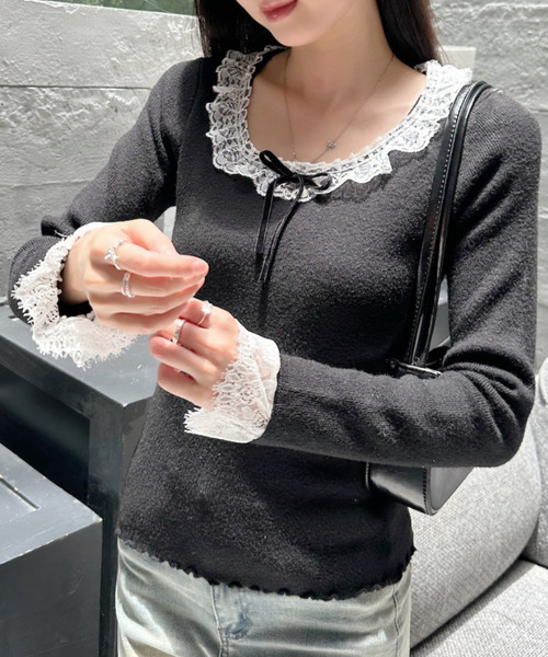 Ada.(エイダ)の「レースフリル付き リボン メロー コンパクト ニット(ニット/セーター・レディース・ライトブルー/ブラック/グレー・FREE)」の17枚目の写真