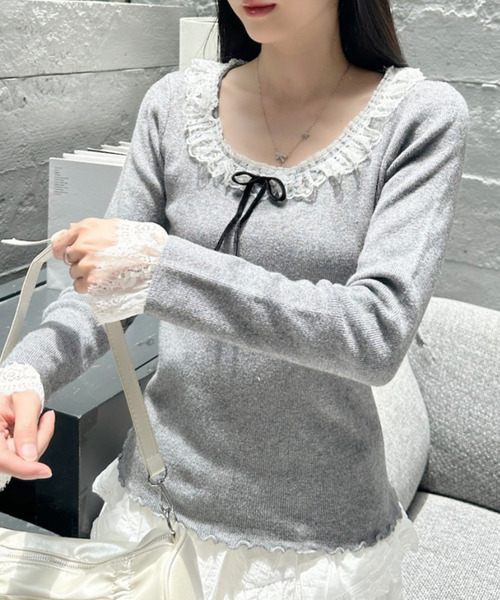 Ada.(エイダ)の「レースフリル付き リボン メロー コンパクト ニット(ニット/セーター・レディース・ライトブルー/ブラック/グレー・FREE)」の16枚目の写真
