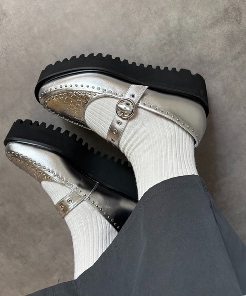 スタッズデザイン 厚底メリージェーンシューズ ALL BLACK│Jeffrey