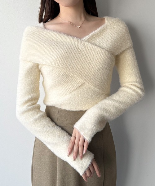 トップス YUNO セール】オフショル風シャギークロスニットトップス（ニット/セーター