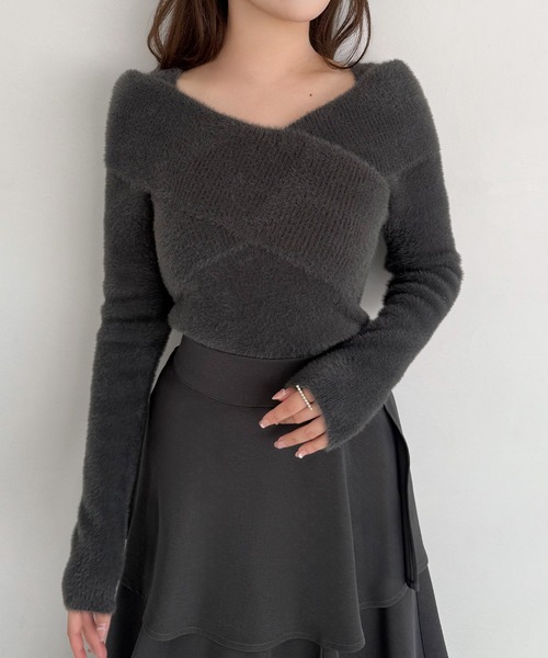 セール】オフショル風シャギークロスニットトップス（ニット/セーター