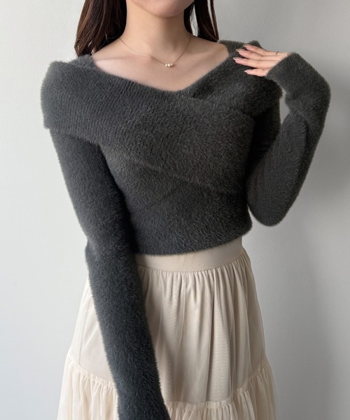 オフショル風シャギークロスニットトップス（ニット/セーター