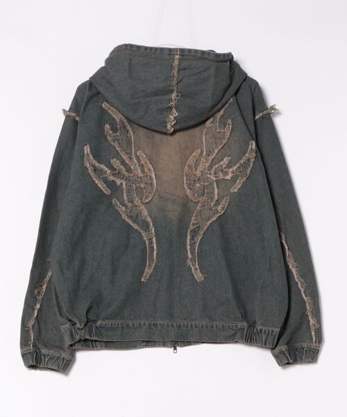 Revo.（レボ）の「トライバル 刺繍 フリンジデザイン ショート丈 ダブルジップ デニムパーカー フードブルゾン ジップパーカー フーディー【UNISEX】（デニムジャケット・メンズ・ブラック/ブルー・M/L）」の3枚目の写真