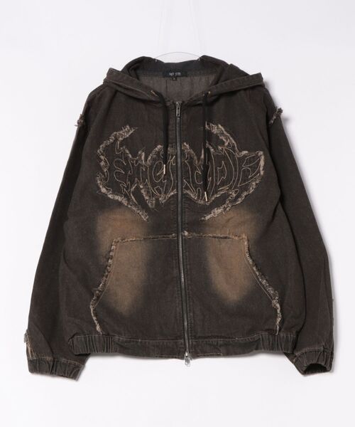 Revo.（レボ）の「トライバル 刺繍 フリンジデザイン ショート丈 ダブルジップ デニムパーカー フードブルゾン ジップパーカー フーディー【UNISEX】（デニムジャケット・メンズ・ブラック/ブルー・M/L）」の4枚目の写真