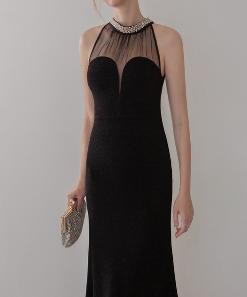 セール】【LEJA LUXE】シアーネックビジューデザインブラック