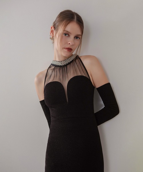 セール】【LEJA LUXE】シアーネックビジューデザインブラック