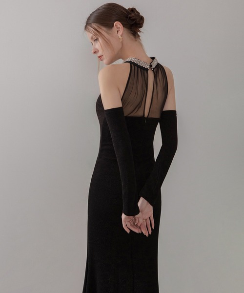 セール】【LEJA LUXE】シアーネックビジューデザインブラック