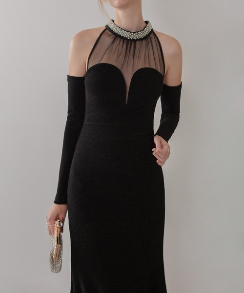 セール】【LEJA LUXE】シアーネックビジューデザインブラック