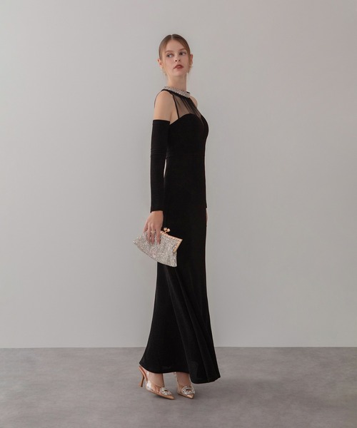 セール】【LEJA LUXE】シアーネックビジューデザインブラック