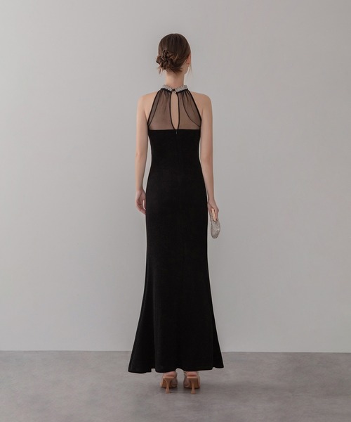 Leja 黒ドレス セール】【LEJA LUXE】シアーネックビジューデザインブラック