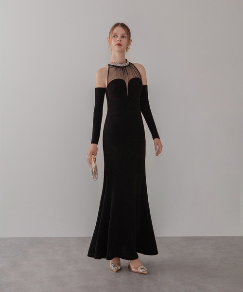LEJA マーメイドロングドレス Sサイズ ブラック セール】【LEJA LUXE】2WAYシアーネックビジューデザインブラック