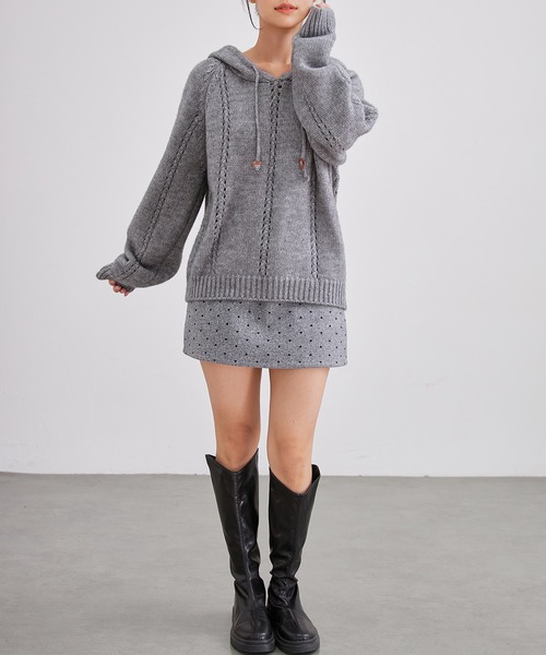 Lace Ladies(レースレディース)の「針抜き フード付き ラグラン ニット プルオーバー(ニット/セーター・レディース・グレー/アイボリー・FREE)」の5枚目の写真