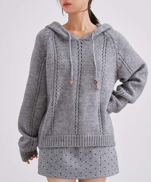 Lace Ladies(レースレディース)の「針抜き フード付き ラグラン ニット プルオーバー(ニット/セーター・レディース・グレー/アイボリー・FREE)」の6枚目の写真