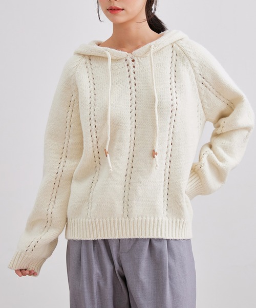 Lace Ladies(レースレディース)の「針抜き フード付き ラグラン ニット プルオーバー(ニット/セーター・レディース・グレー/アイボリー・FREE)」の10枚目の写真