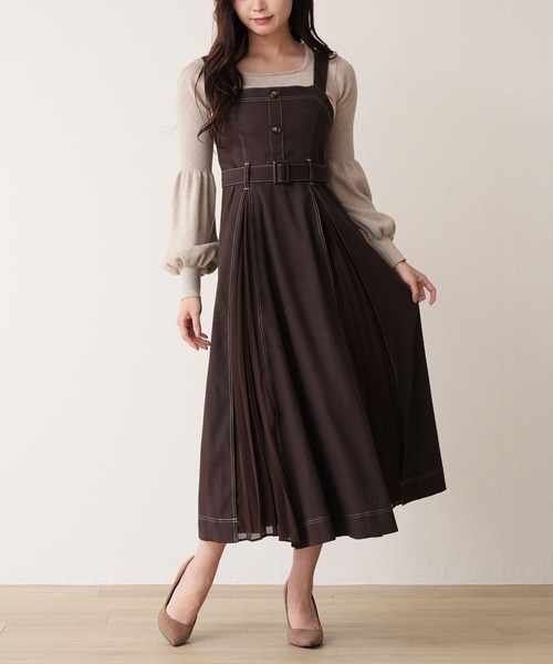 セール】スェード 配色ステッチ 同色シフォンプリーツ切替ジャンスカ