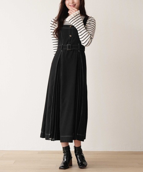 セール】スェード 配色ステッチ 同色シフォンプリーツ切替ジャンスカ