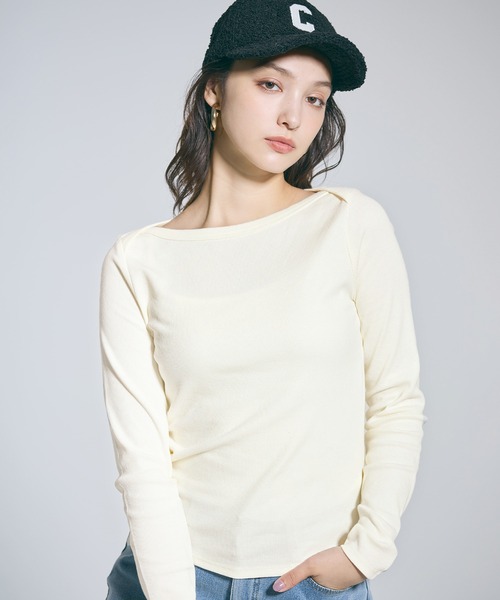 coca(coca)(コカ)の「リブボートネックカットソー(Tシャツ/カットソー・レディース・その他1/ワイン/アイボリー/グレー・L/M/S)」の2枚目の写真