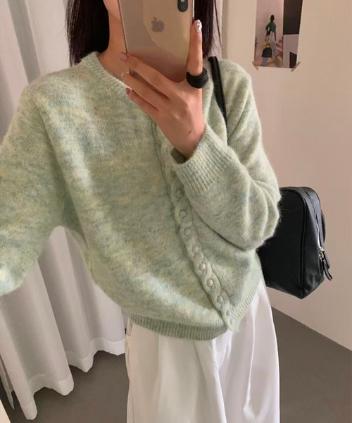 nonomi(ノノミ)の「くるみ風ボタン×ロープ編み 前開きニットカーディガン(カーディガン/ボレロ・レディース・ダークグレー/グリーン/ネイビー/アイボリー・FREE)」の1枚目の写真