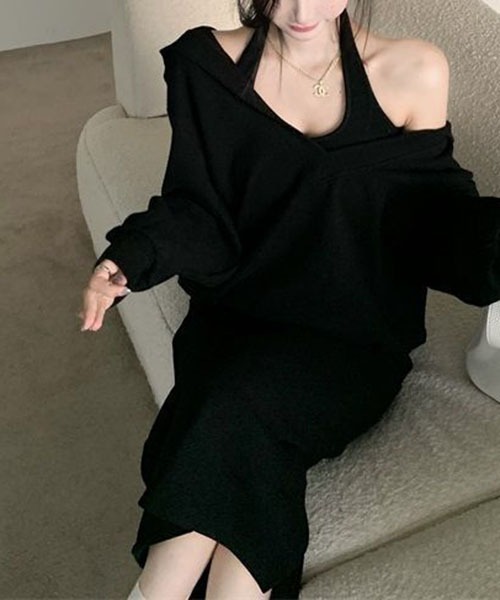 gossip！ロサンゼルス（ゴシップロサンゼルス）の「ワンピース×プルオーバーセット（ワンピース・レディース・ブラック/チャコールグレー・FREE）」の2枚目の写真