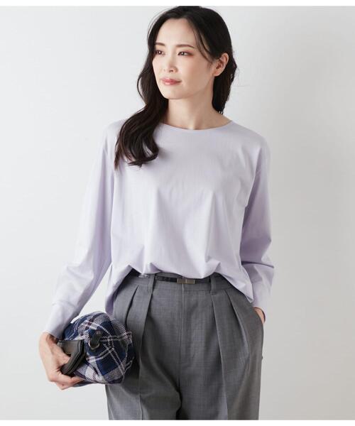 NEWYORKER（ニューヨーカー）の「コットンナイロントリコット ラウンドヘムカットソー（Tシャツ/カットソー・レディース・ブラック/ラベンダー・M）」の2枚目の写真