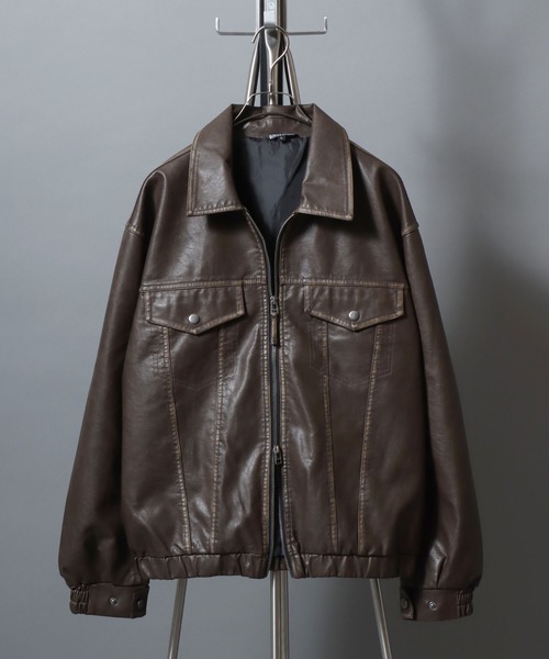 ANPAS(アンパス)の「Faux Leather Classic Trucker Jacket / フェイクレザートラッカージャケット PU加工ダブルジップGジャン メンズ レディース ユニセックス アウター(ブルゾン・メンズ・ブラック/ブラウン・M/L)」の2枚目の写真