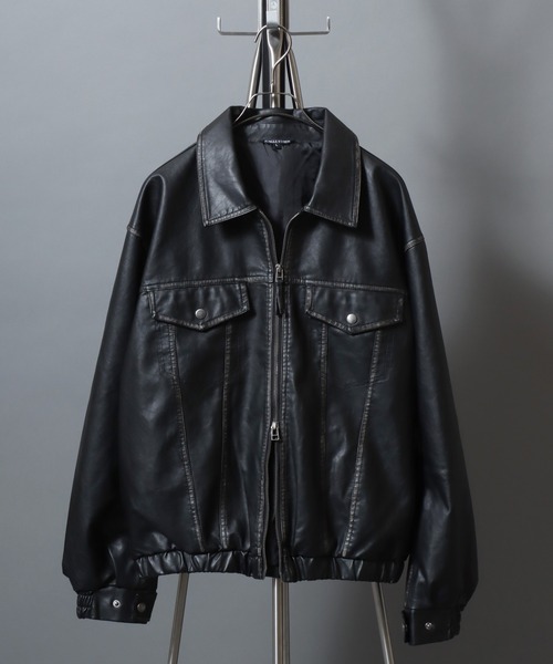 ANPAS(アンパス)の「Faux Leather Classic Trucker Jacket / フェイクレザートラッカージャケット PU加工ダブルジップGジャン メンズ レディース ユニセックス アウター(ブルゾン・メンズ・ブラック/ブラウン・M/L)」の1枚目の写真
