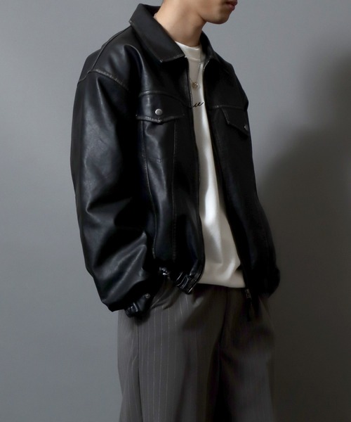ANPAS(アンパス)の「Faux Leather Classic Trucker Jacket / フェイクレザートラッカージャケット PU加工ダブルジップGジャン メンズ レディース ユニセックス アウター(ブルゾン・メンズ・ブラック/ブラウン・M/L)」の22枚目の写真