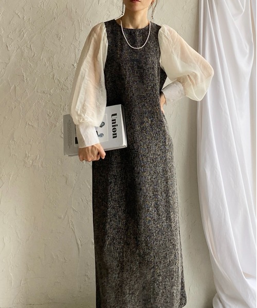 セール】【低身長サイズ有】異素材切り替え長袖シアージャガードロング