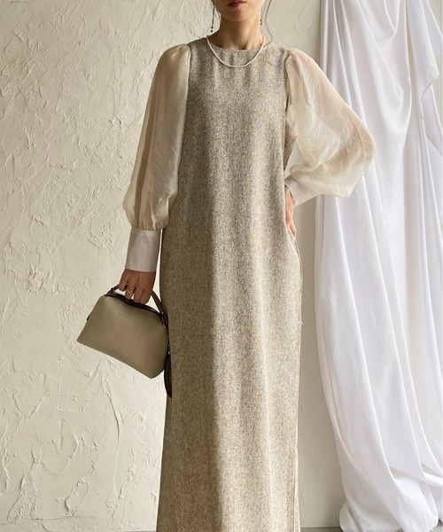 セール】【低身長サイズ有】異素材切り替え長袖シアージャガードロング