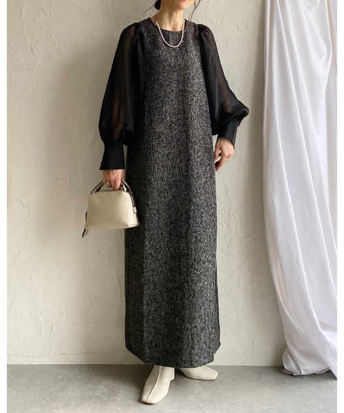 She's Closet(シーズクローゼット)の「【低身長サイズ有】異素材切り替え長袖シアージャガードロング丈ドッキングワンピース(ワンピース・レディース・ブラック/アイボリー/ブラック系その他・FREE/SHORT)」の7枚目の写真