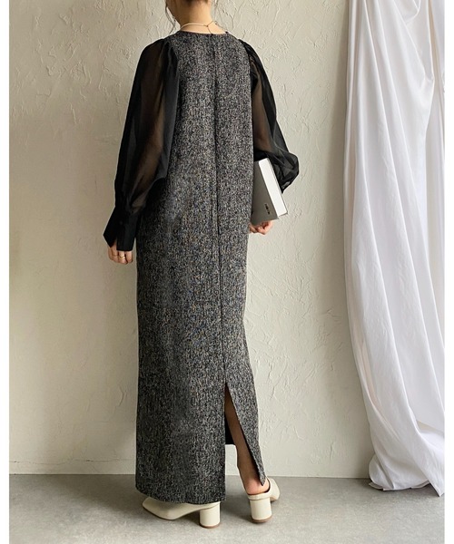 She's Closet(シーズクローゼット)の「【低身長サイズ有】異素材切り替え長袖シアージャガードロング丈ドッキングワンピース(ワンピース・レディース・ブラック/アイボリー/ブラック系その他・FREE/SHORT)」の9枚目の写真