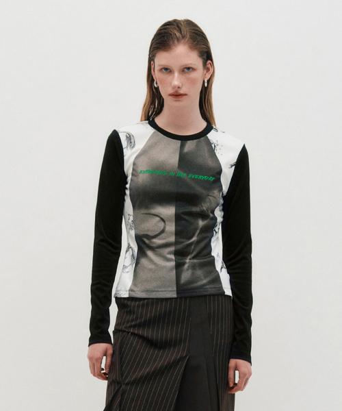 KIMZISU(キムジス)の「Blocked Graphic LS T-shirt _ BLACK(Tシャツ/カットソー・レディース・ブラック・S/M)」の2枚目の写真