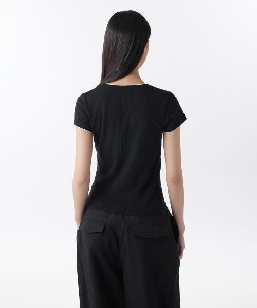 MUSINSA STANDARD WOMAN（ムシンサスタンダードウーマン）の「ウィメンズポインテールレースクルーネックTシャツ[ブラック]（Tシャツ/カットソー・レディース・その他・SMALL/MEDIUM/LARGE/X-SMALL/X-LARGE）」の4枚目の写真