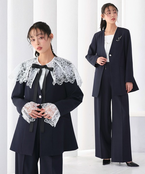 ストレッチ ｜ 【3点set】 ドレスアップ・ ジャケット コート ＆ タックワイドパンツレースケープ / カフス 付き ｜ セレモニースーツ・ママスーツ・パンツスーツ・セットアップ