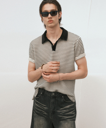 NOIRER（ノイア）の「コットンクロシェポロTシャツ（ブラックアイボリー）（ポロシャツ）」