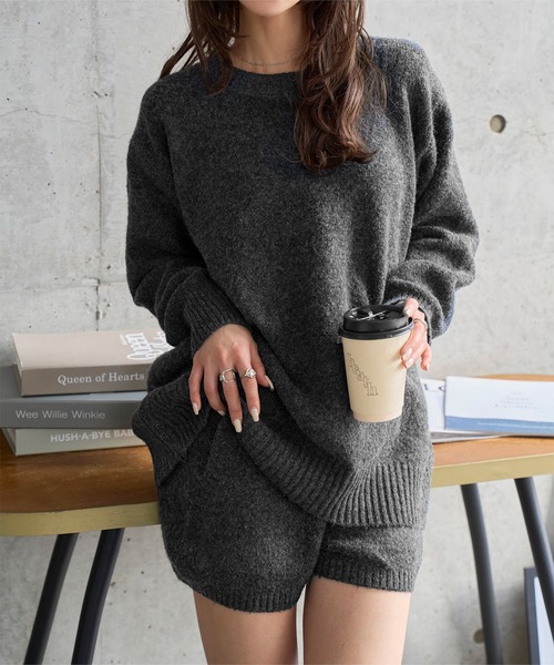 KOBE LETTUCE(コウベレタス)の「クルーネックニット×ショートパンツ2点セット(ニット/セーター・レディース・チャコール/ブラック/グレー/アイボリー・M)」の8枚目の写真