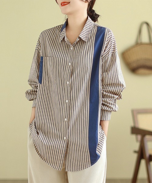 ONEP STAR(ワンピスター)の「配色切替×ストライプシャツ(シャツ/ブラウス・レディース・ブルー/グリーン・X-LARGE/LARGE/MEDIUM)」の2枚目の写真