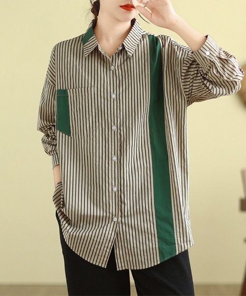 ONEP STAR(ワンピスター)の「配色切替×ストライプシャツ(シャツ/ブラウス・レディース・ブルー/グリーン・X-LARGE/LARGE/MEDIUM)」の1枚目の写真